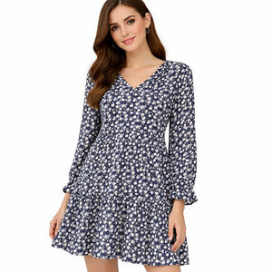 Women's LOFT Navy & White Floral Long Sleeve Dress L